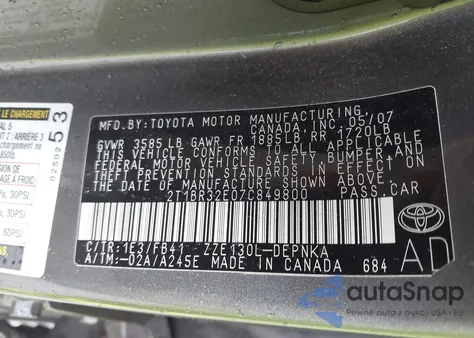 2007 Toyota Corolla Le из США, поврежденный, VIN 2T1BR32E07C849800